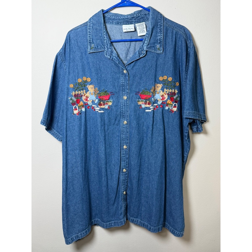 Vtg Bobbie Brooks Woman Denim Shirt Embroidered Teddy Bears 26W 28W Cotton